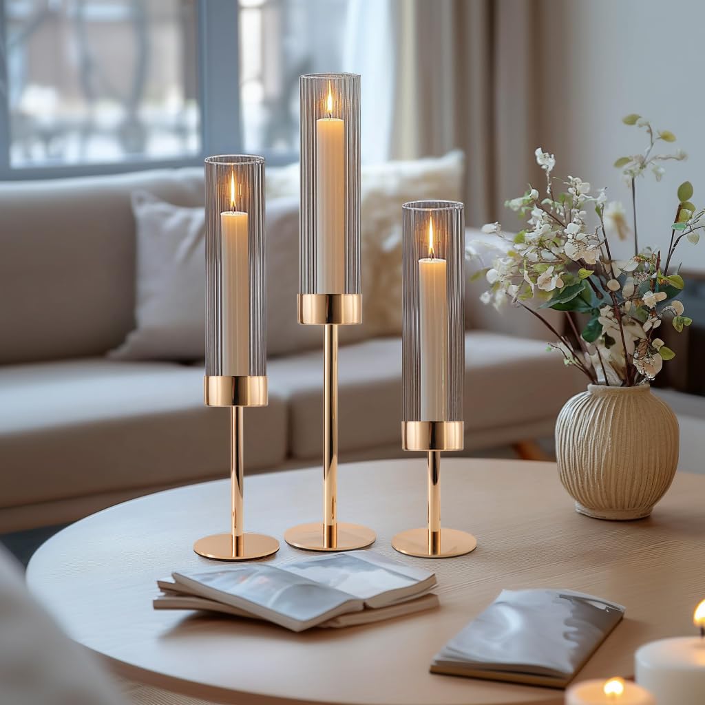 Gold Hurricane Candle Holders, Set of 6 Glass Taper Candlestick Holders Metal Candle Stands Bulk with Ribbed Glass Cover for Dining Tables Wedding Candelabra Centerpieces Decor