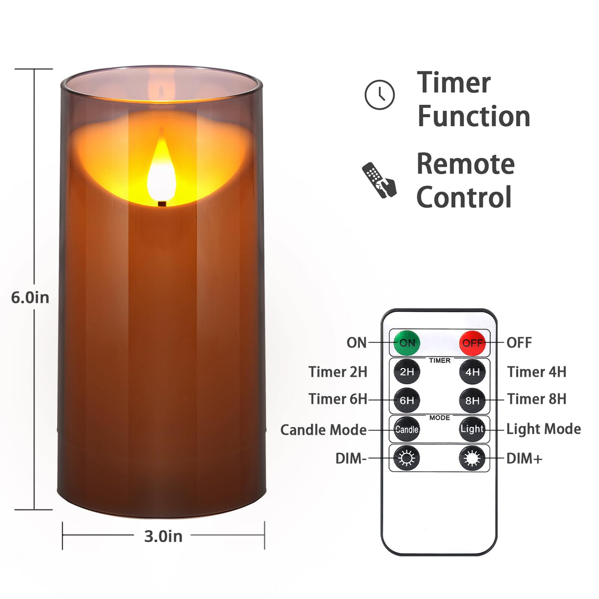 NURADA Flameless Candles with Remote Timer: 3D Wick Battery Operated Led Pillar Candle Unbreakable Acrylic Fake Candle Set for Home Decoration Romantic Ambiance- Grey 2 Pack