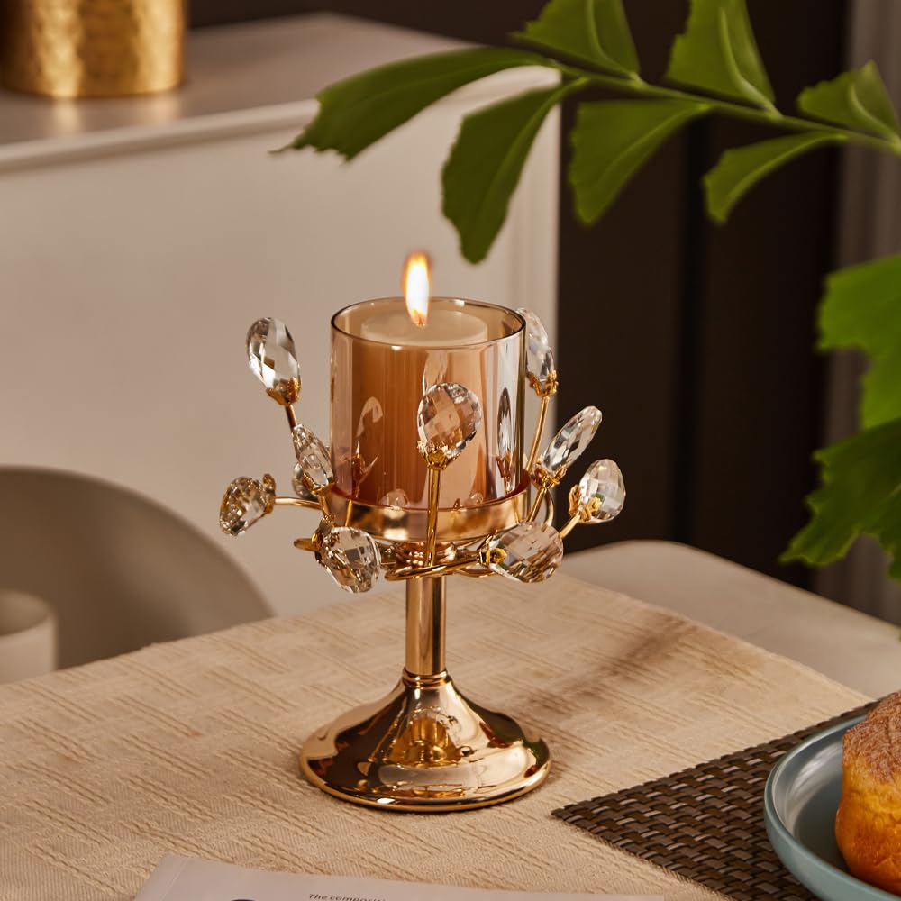 YIUTOYILY Gold Hurricane Candle Holder, Crystal Candle Holders for Pillar Candles with Clear Glass Sleeve - Elegant Centerpiece for Weddings, Dinners, Party Decor