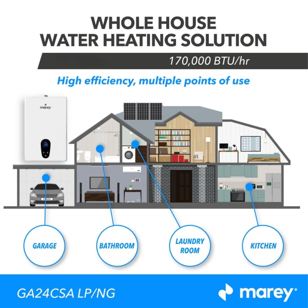 Marey Tankless Water Heater Gas, 7.5 GPM, 170,000 BTU, Liquid Propane, CSA Certified, Indoor