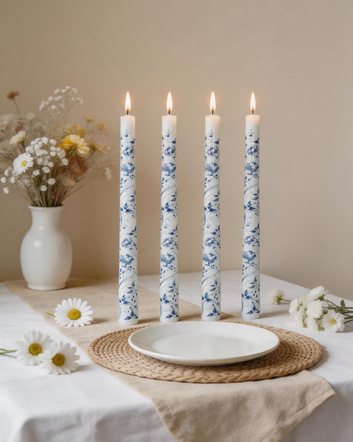 MAITREYA Chinoiserie Taper Candles Blue and White Chinoiserie Decor Candlesticks for Wedding Party Home Table Centerpiece Christmas Halloween Gifts-10Inch,4 Pcs,Peony