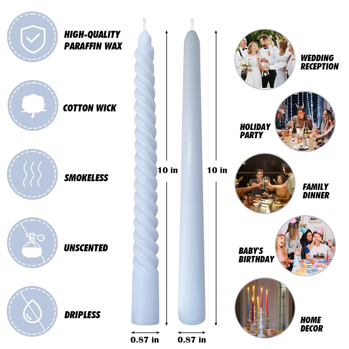 6 Pack Baby-Blue Smooth Taper Candles and 6 Pack Spiral Candles Set – 10 Inch Elegant Dripless Candlesticks for Weddings, Dinners, Parties, and Home Décor