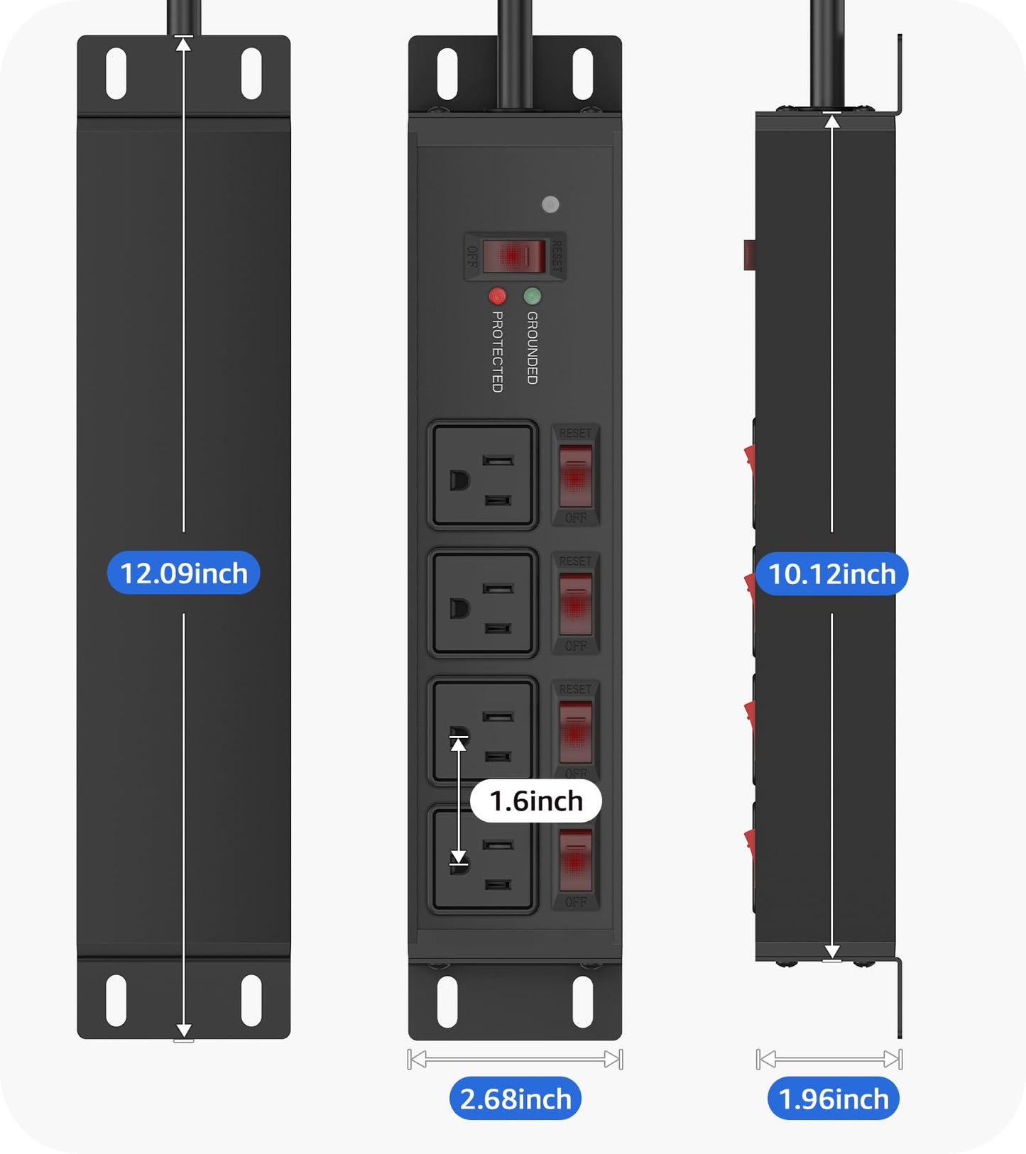 CCCEI 12 Gauge Outdoor Long Extension Cord with Multiple Outlets, 20 Amp Individual Switches Heavy Duty Surge Protector Power Strip, Garage Wall Mount Outlet Extender. 100 FT, Black.