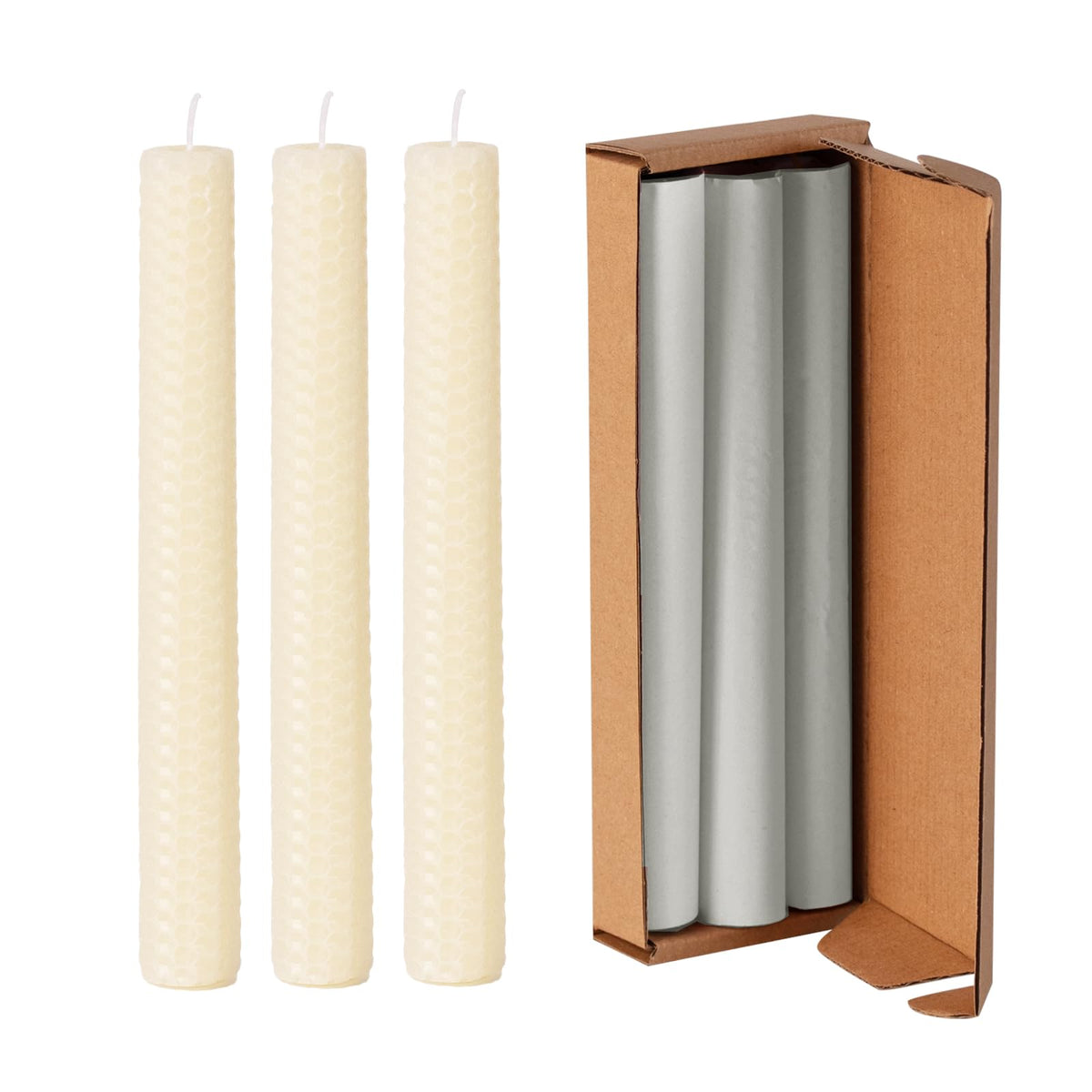 KONNI Natural Beeswax Taper Candles, 0.87 inch x 7.87 inch Hand-Rolled, Unscented, Smokeless Beeswax, Long Burning Time, Flat Top (Pack of 3), for Weddings, Dinner Parties, Spas, and Home Decor