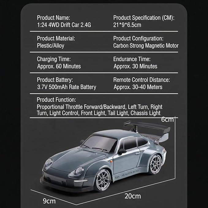 High Speed 1:24 4WD RC Drift Car with Proportional 2.4G Remote Control Dual Tire Configuration and LED Light Racing Vehicle Model for Adults Enthusiasts– Gradient Color