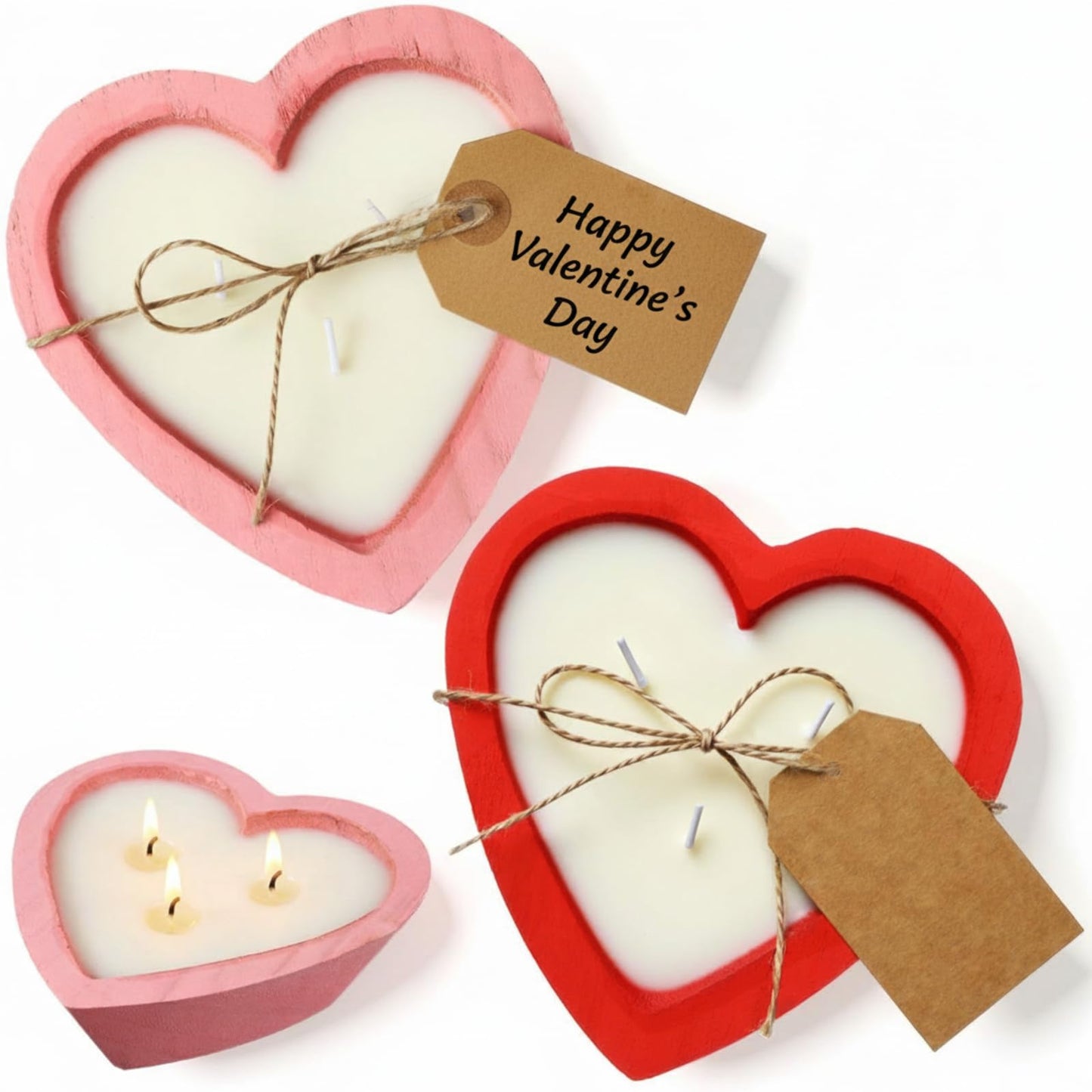 Lounsweer 2 Pcs Valentine's Day Wooden Candle Bowl Heart Dough Bowl 6 Inch 3 Wick Soy Blend Wax Candle 5 oz Decorative Dough Bowls Candles for Valentine Table Centerpiece Birthday Gift