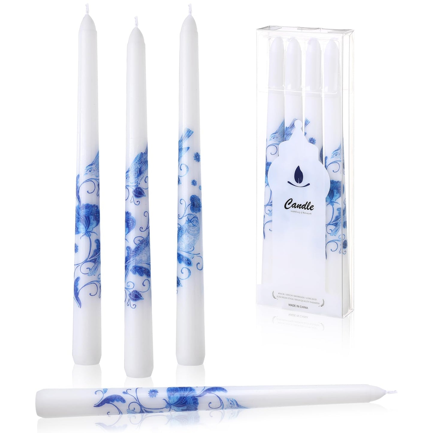 Conelist 4 Pcs Chinoiserie Taper Candles Blue and White Decorative Chinoiserie Porcelain Candlesticks 10 Inch Long Unscented Bridal Wedding Shower Candles for Christmas Party Gift Home Decor