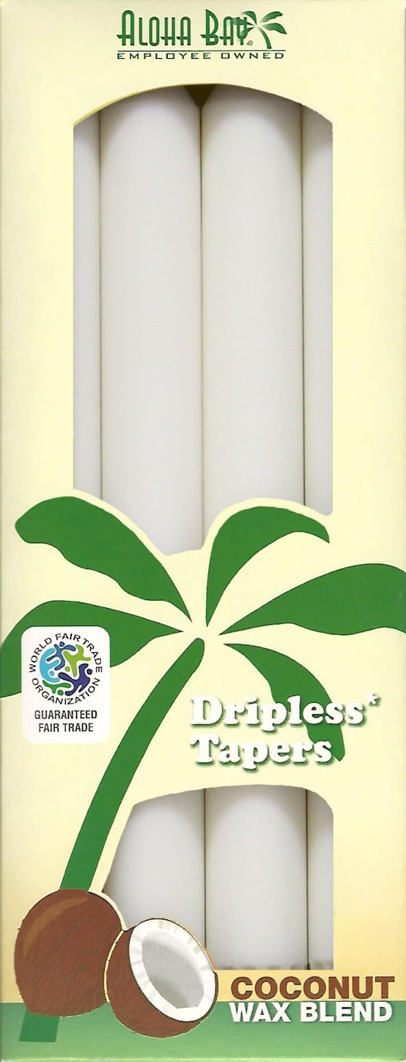 Aloha Bay Coconut Taper Candle – Dripless, Unscented 9 Inches w/ 9-Hour Burn Time & Pure Cotton Wicks for a Clean, Steady Glow – Artful Design for Special Occasions | 4-Pack | White