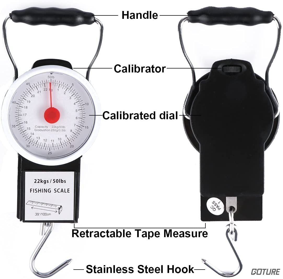 Goture Fishing Hanging Scale Mechanical Kitchen and Fish Fishing Scale Multi-Purpose Portable Hand Held Dial Weight Scale with Tape Measure (50 Lbs / 22Kg)
