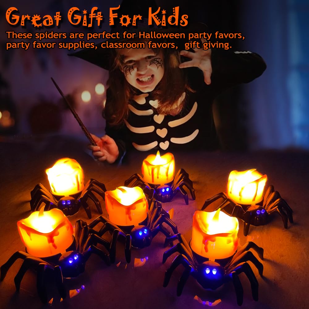 6 Pack Halloween Flameless LED Candle Lights, 3D Spider LED Tealight Candles with Bright Warm Yellow&Purple Light, Battery Operated Led Decorative Candle Lights for Home, Halloween, Christmas Decor
