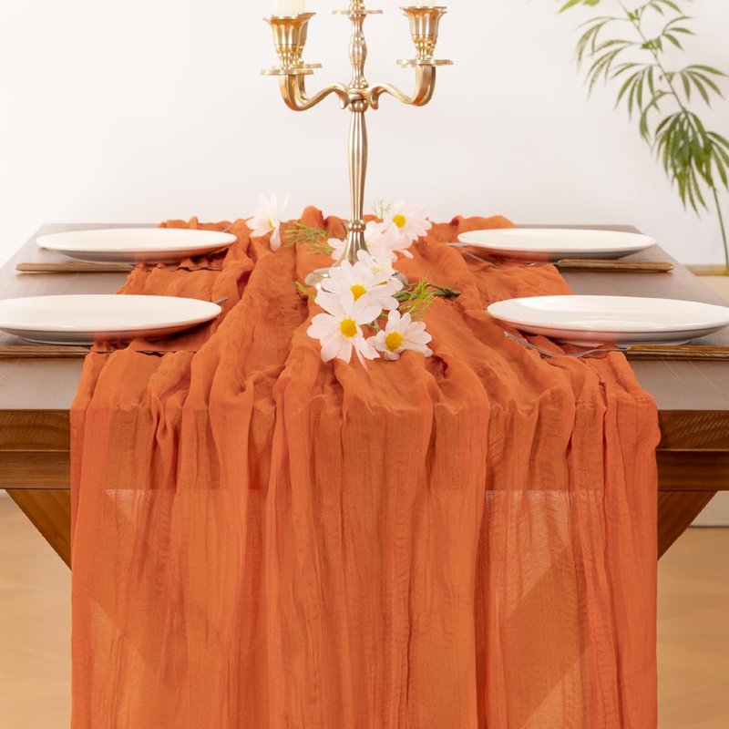 Socomi Orange Summer Cheesecloth Table Runner Boho Rustic Gauze 120 inch 10FT Cheese Cloth Sheer Runner for Wedding Party Baby Shower Birthday Home Decor Holiday Decorations