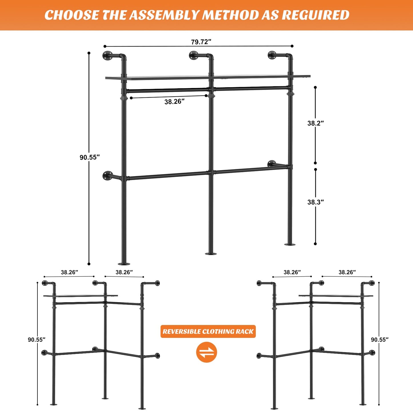 Aheaplus Industrial Pipe Clothing Rack, Reversible 79.7'' Clothes Rack for Hanging Clothes, Heavy Duty Garment Racks Closet Wardrobe with LED Lights& Shelves, Walk-in Closet System, Black