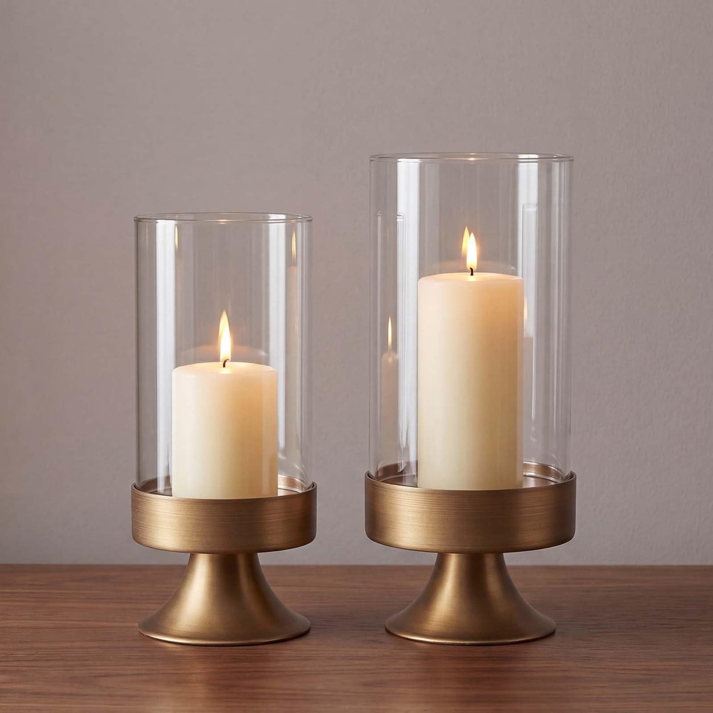 Gold Hurricane Candle Holder with Glass Cylinder Decorative Metal Pedestal Candlestick Holders for Pillar Candles Elegant Centerpiece for Dining Table Wedding Fireplace Mantel Living Room Home Decor