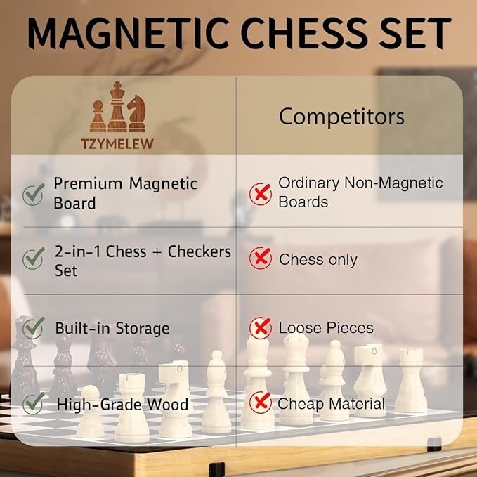 Wooden Magnetic Chess Set 15 – Foldable Board with Storage & Checkers Classic Family Game for Kids & Adults Perfect for Travel and Gifting