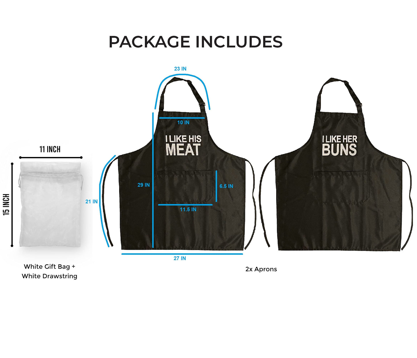 Funny Apron & Gift Bag (Black) - I Like her Buns, I Like His Meat, Kitchen Apron, Cooking Apron For Girlfriend, Boyfriend, Best Friend - Couple Gift, Birthday, Anniversary, Wedding Gift Idea - ForkIt