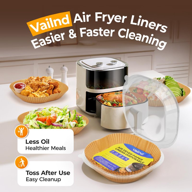 Vailnd Air Fryer Liners Disposable, 100Pcs 9 Inch Max Xl Large Cooker Airfryer Paper Liners, Oil Proof Parchment Sheets Square Basket Baking Liner for 8/10/11/12 QT Air Fryer Microwave