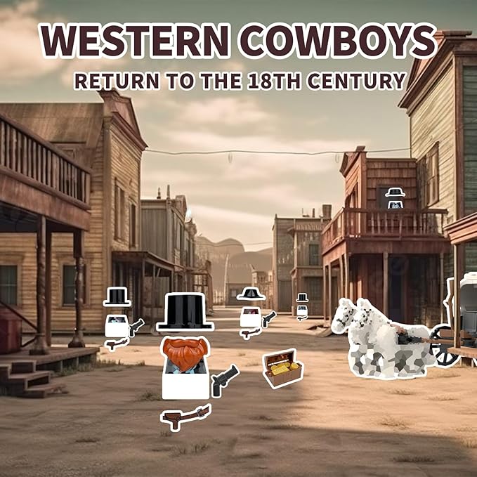 Western Cowboy Building Block Set Compatible with Lego 77012 Set 12 Cow Boy Figures & Gun Accessories Dark Wild West Horse White Carriage with Golden Bars & Coins Gold Robbery
