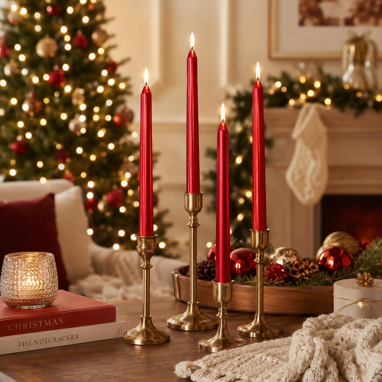 Metal Red Taper Candles Set of 4, 10 Inch Handmade Candle Stick, Unscented Candlesticks, Tapered Candles for Wedding Christmas Dinner Table Home Decor