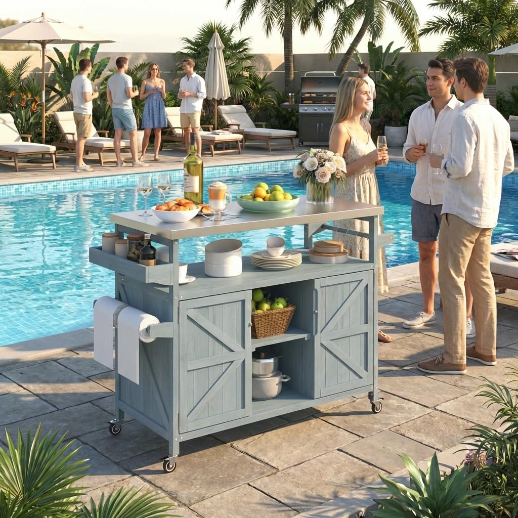 50.25" Outdoor Kitchen Island with Wheels for Food Prep, Strage, Bar, Rolling Outdoor Grill Table for Outside, Outside Cooking Table, Grill Carts, Cooking Station, Modular, Solid Wood, Grey Blue