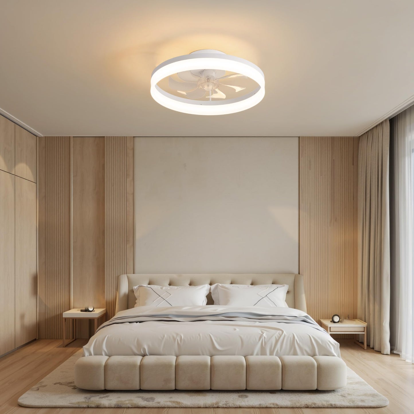 PUSU 15.8" Low Profile LED Ceiling Fans with Light, Reversible Flush Mount with Remote and 6 Winds Speeds Fan Lighting, 3 Colors Dimmable for Bedroom, Garage, Dinning Room, Kitchen (White)