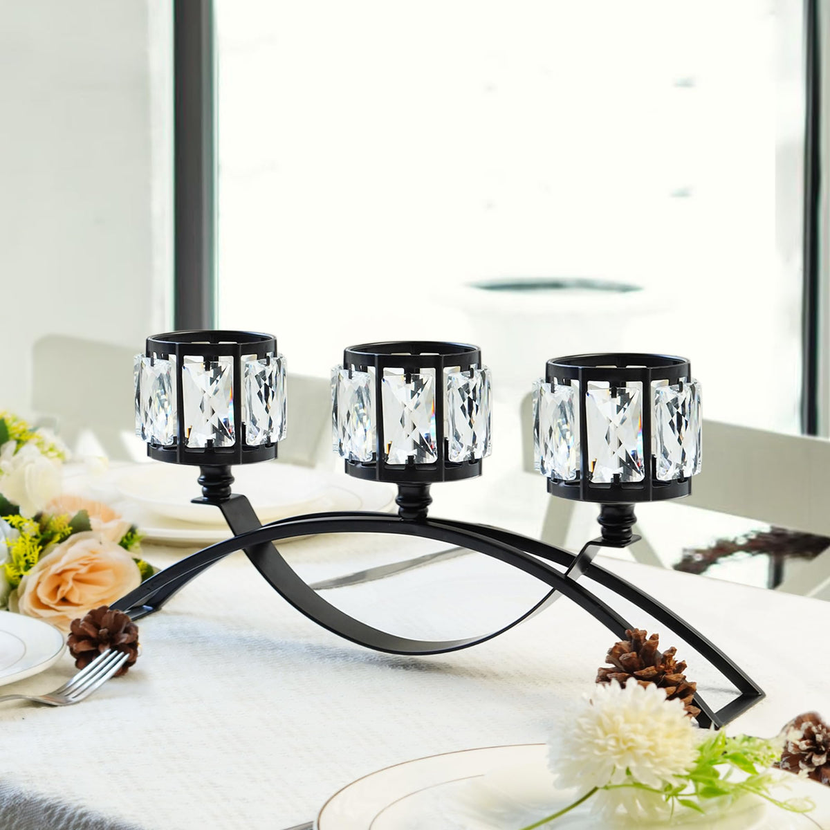 3 Arms Crystal Bowl Tealight Candelabra Votive Candle Stand, Wedding centerpieces for Tables Crystal Candlestick,Centerpiece Table Decorations (Black)