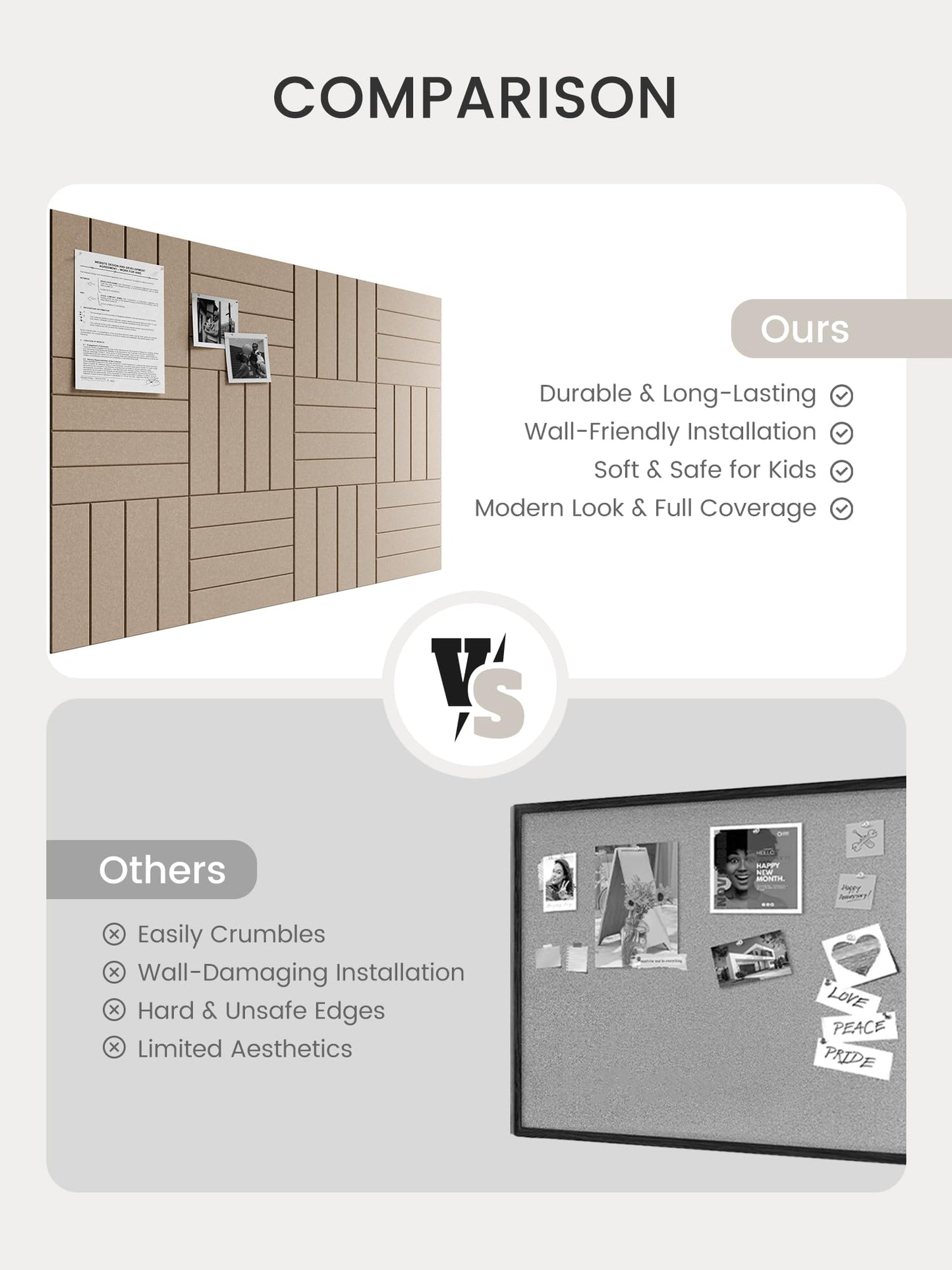 Bumusty Large Cork Board Alternative-48 x 36" Felt Bulletin Board Tiles, with 30 Pushpins, 70 Adhesive Tabs, Bold-Stripe 12-Pack, Cork Boards for Office Push Pin Board Felt Board-Taupe