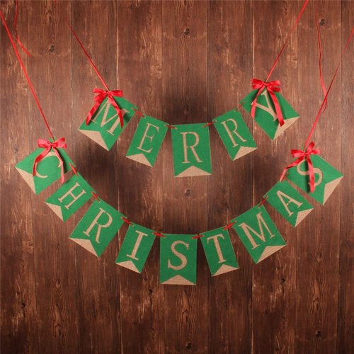 GOER Merry Christmas Burlap Banner - Festive Garlands with Ribbon Bows for Holiday Decor | Green