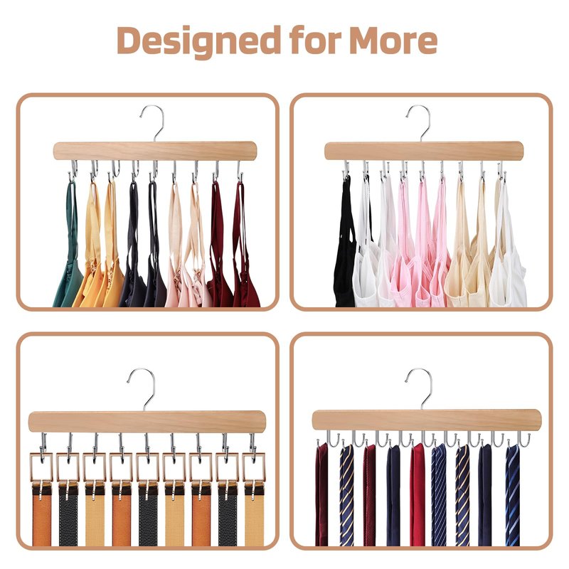 NECAMOCU 2 Pack Bra Hanger for Closet Organizer, Premium Wooden Tank Top Hangers with 36 Foldable Hooks, 360° Rotating Design, Space Saving Storage for Tank Tops, Bras, Scarves and More
