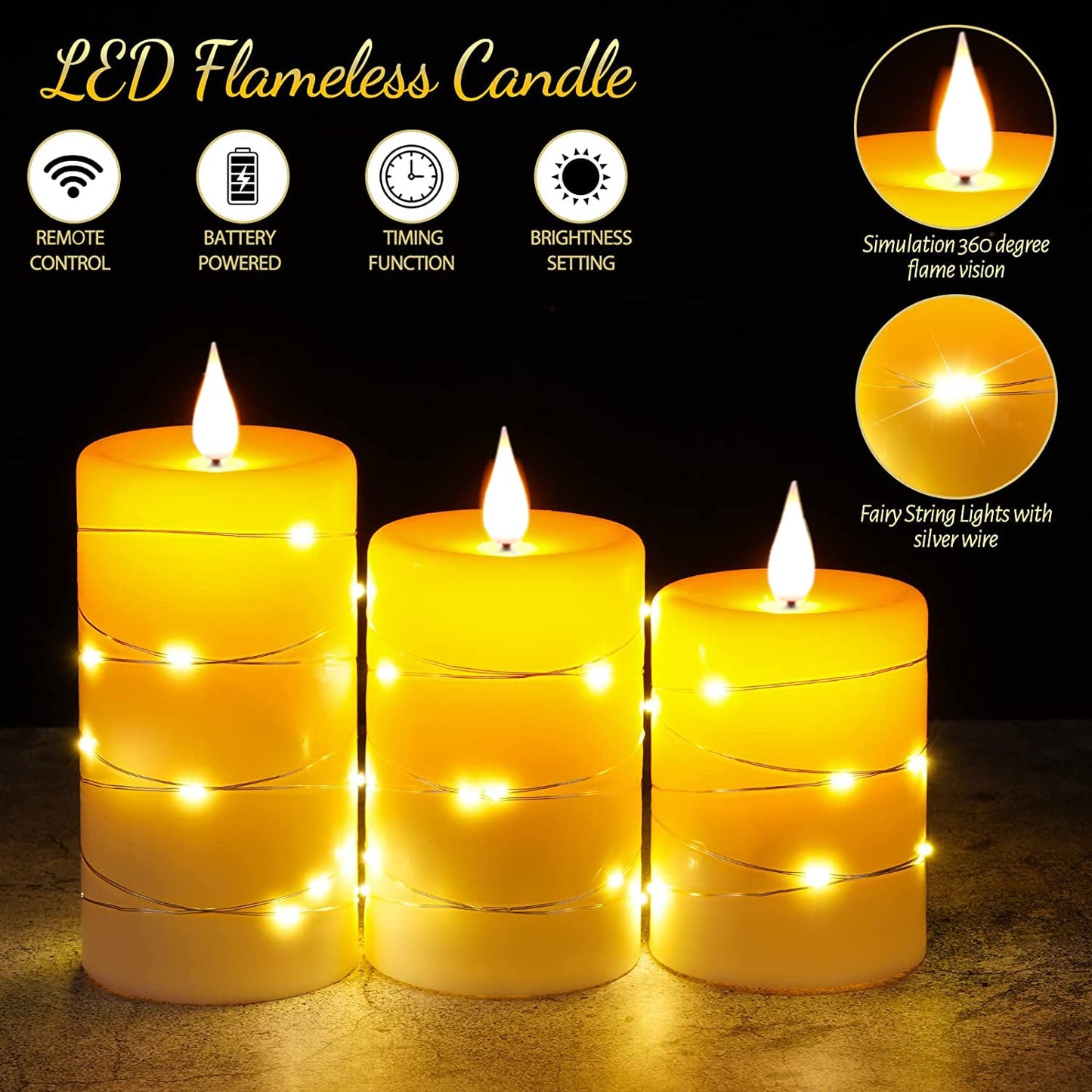 Upinmz Flickering Flameless Candles with Embedded String Lights, Battery Operated Candles with Remote Control and Timer,LED Candles for Home Decoration,Real Wax,3 Pack Ivory