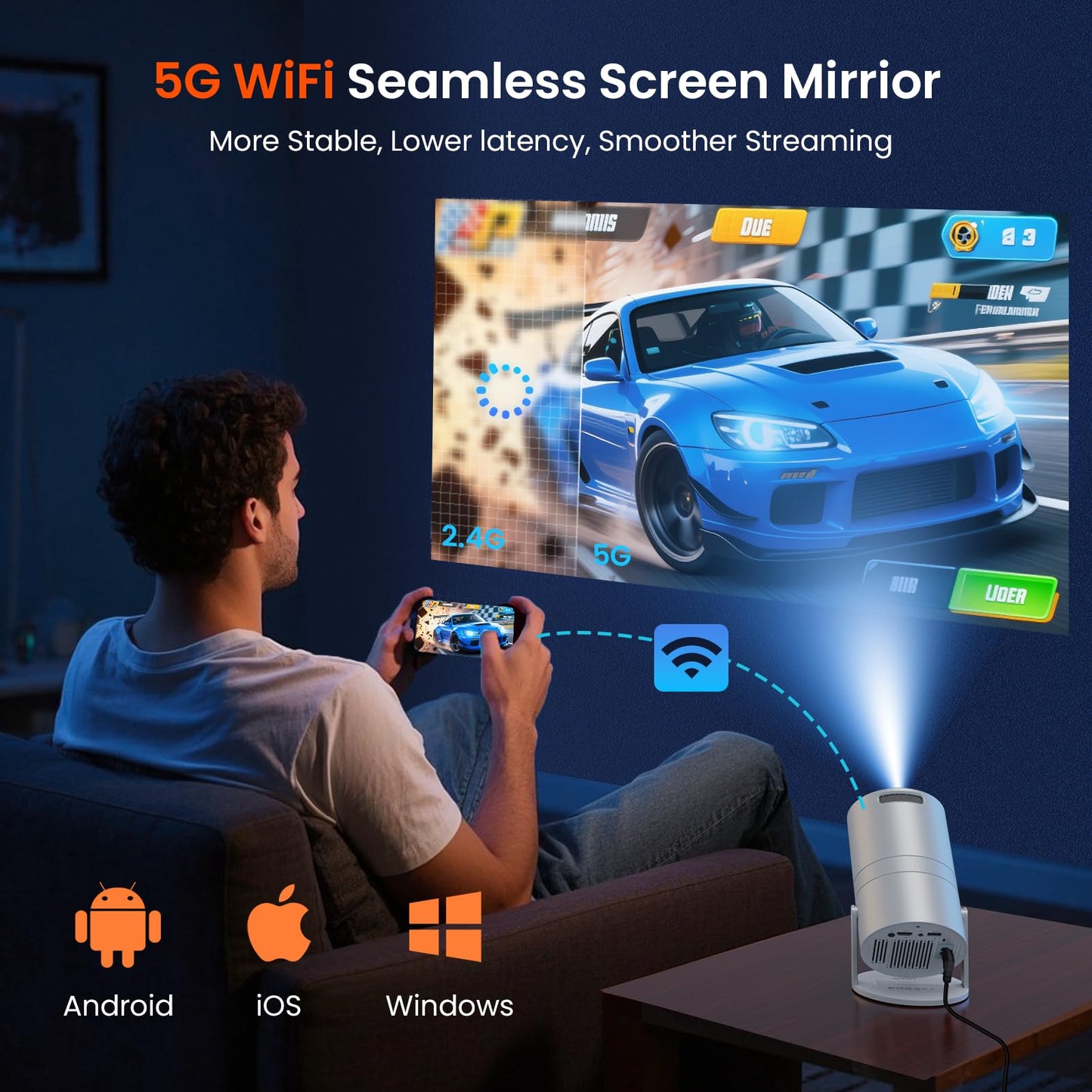 WISHOLY Mini Projector with WiFi and Bluetooth, Portable Movie Projector with 180° Rotatable, 1080P HD Supported, Auto Vertical Keystone, Compatible with Smartphone, TV Stick, Laptop, HDMI, USB