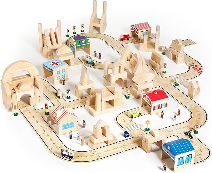 Guidecraft Community Buildings: Set of 6 Wooden Block Play Buildings (Fire Station Police Department Hospital School Grocery Store & Service Station)