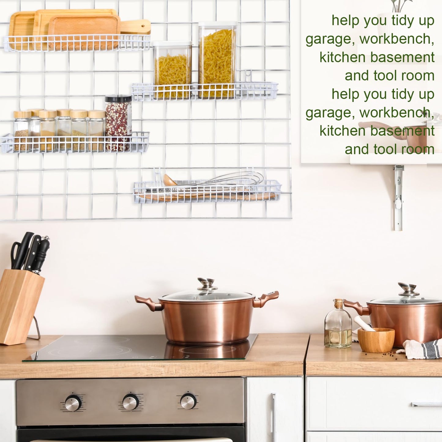 Blulu 4 Pcs 15.75 x 5.91 x 1.97 Inch Metal Grid Wall Baskets with Hooks Grid Wall Shelves Hanging Wire Basket Multi Function Storage Organizer for Kitchen Organizing Display (White)