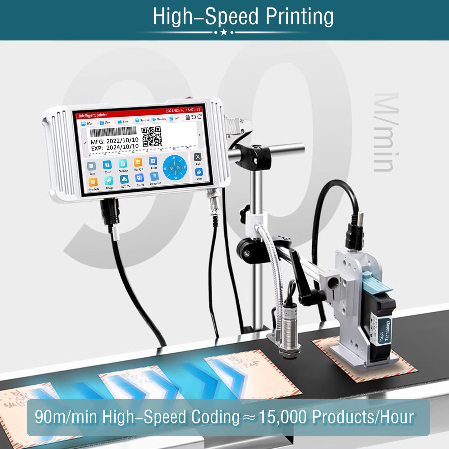 Phezer 1inch/25.4mm Automatic Online Inkjet Coding Machine PW1-1 for Production Line, 23 Languages, Intelligent Variable Data/Date/Logo/Barcode/Image Thermal Inkjet Printer, (1 Nozzle, 70M/min)
