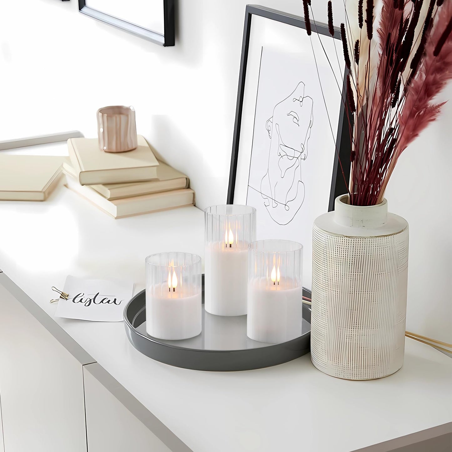 Rhytsing Clear Ribbed Glass Battery Operated LED Candles with Remote, White Flameless Candle Gift Set with Timer for Weddings and Churches, Warm White Light- 6 Batteries Inclued - Set of 3