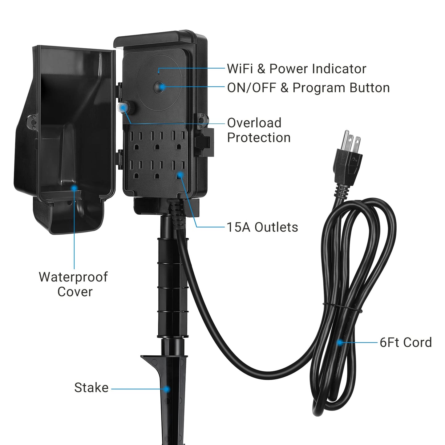 DEWENWILS WiFi Smart Yard Stake Plug with 6 Outlets, Voice Control, Waterproof Power Stake Timer with 6Ft Cord, Alexa&Google Assistant Compatible, 1875W/15A, Timer for Lights, Yard, Garden