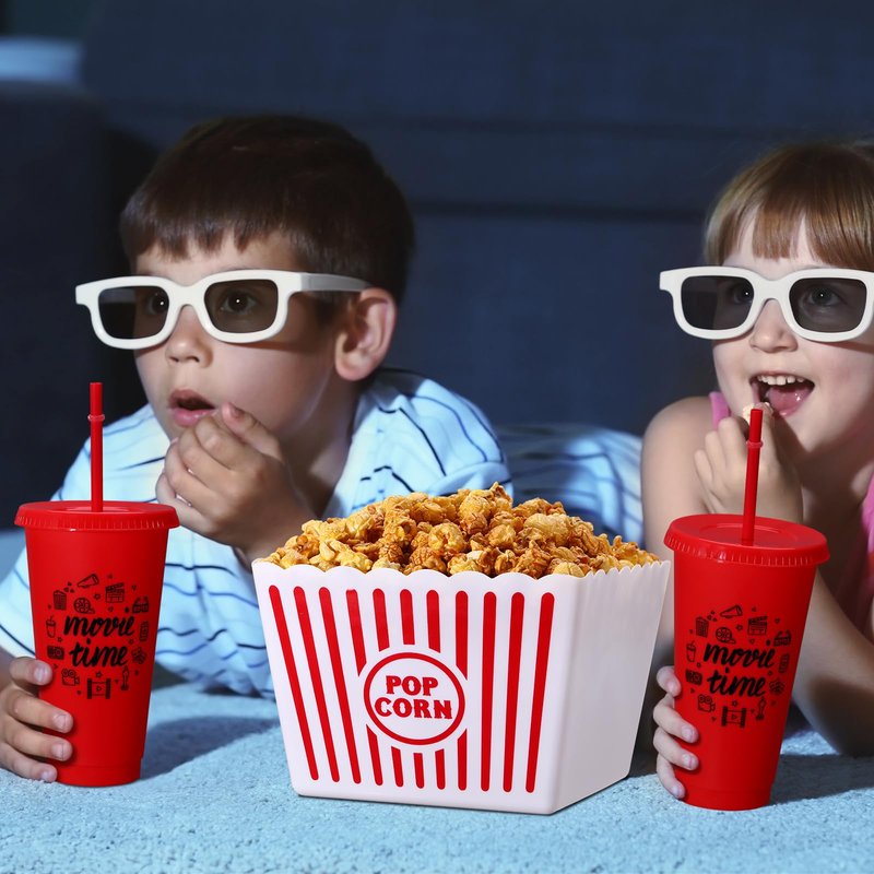 Reallnaive 15 Pcs Movie Night Popcorn Organizer Set Family Red & White Striped Plastic Popcorn Container Reusable Drinking Cup for Holiday Parties, Family Gatherings & Home Theater