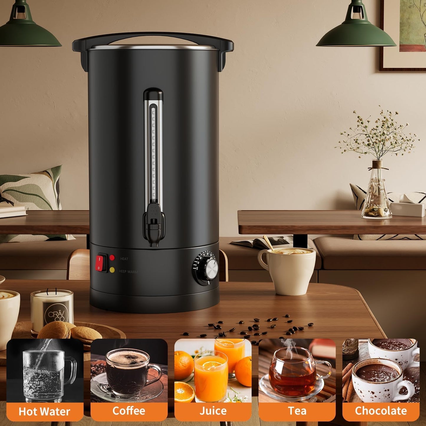 120 Cup Coffee Urn, 18L/4.8Gal Stainless Steel Hot Beverage Dispenser, Fast Brew Rapid Extraction, Auto Temperature Control Faucet, Commercial Hot Water Urn for Party Buffet Catering, Black