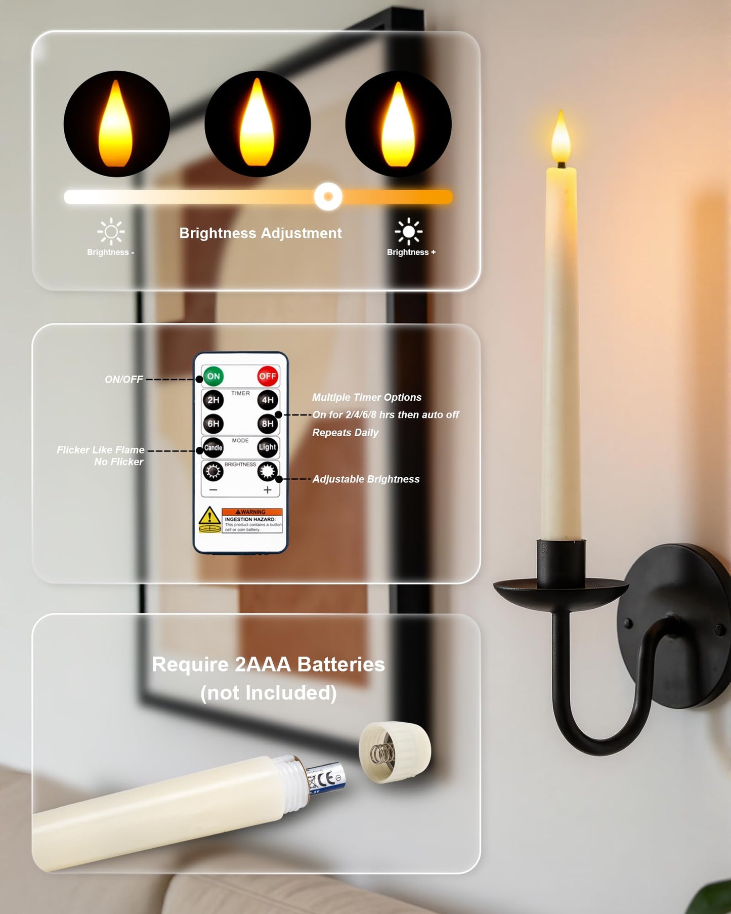 Homemory 3 Pcs Waxy Flameless Taper Candles with Remote, Flickering Battery Operated Classic Tall Candles for Home, Wedding, Party, Ivory, 9.6 inches