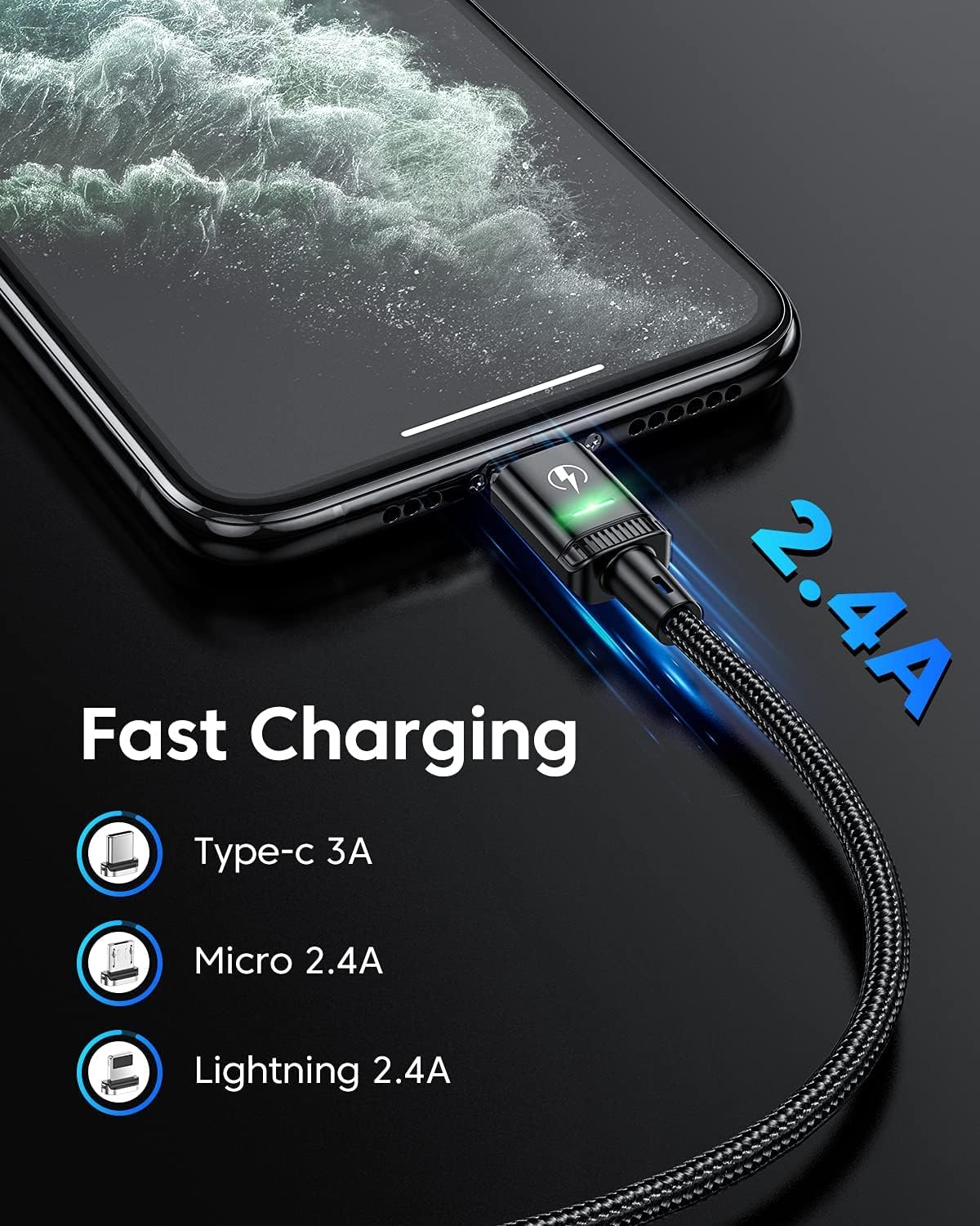 Kuulaa 3Pack Magnetic Charging Cable Magnetic Lightning Cable Magnetic Phone Charger 3A Fast Charging with 3 in 1 Charging Tips Nylon-Braided Phone Cable Compatible for All Device
