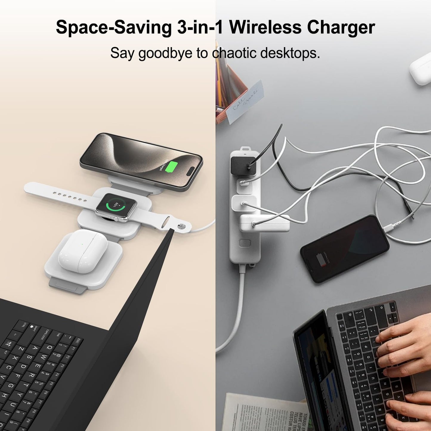 Wireless Charging Station for Apple Multiple Devices - 3 in 1 Foldable Magnetic Wireless Charger - Travel Charging Pad for iPhone 16 15 14 13 12 Pro Max Plus Watch & AirPods (Black)