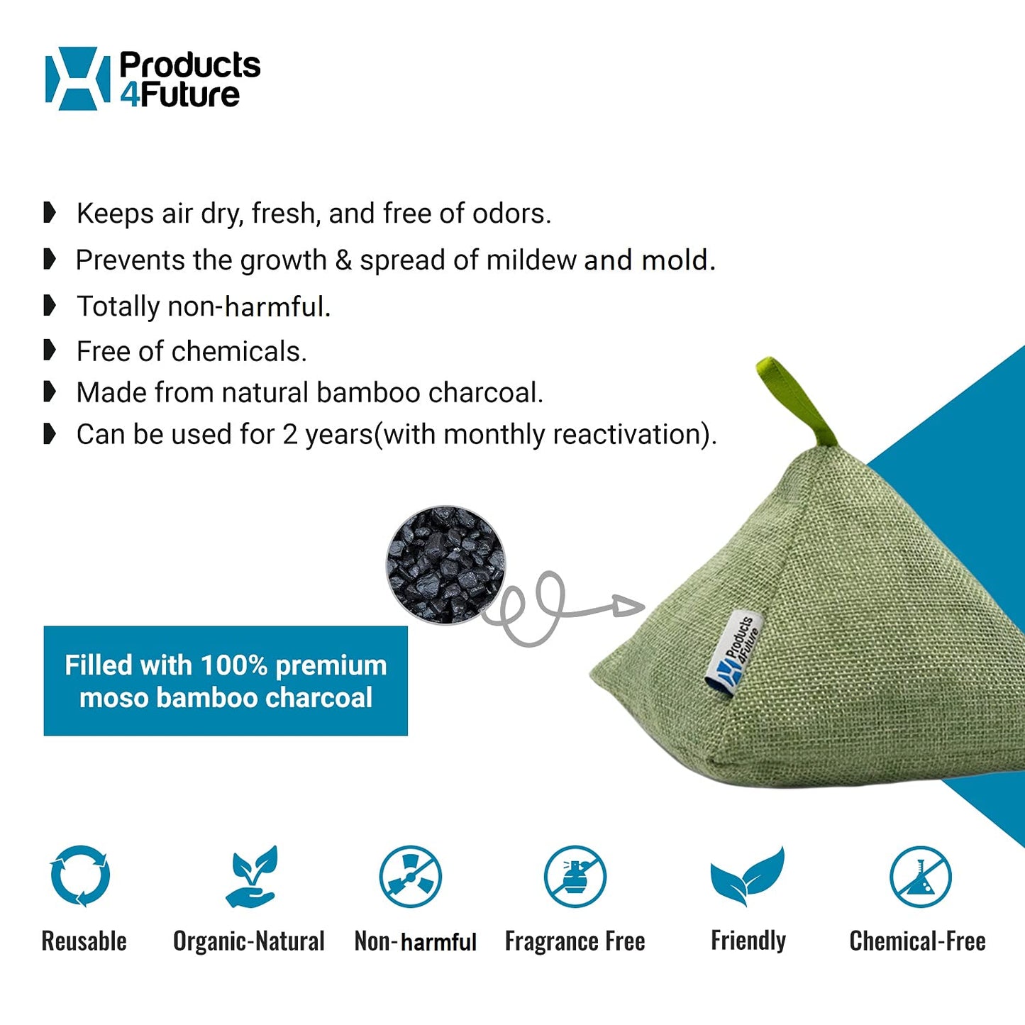 Products4Future® 4 Pack of 200g Naturally Activated Bamboo Charcoal Air Purifying Bags | Natural Home Deodorizer Bags | Charcoal Bags Odor Absorber For Pets | Odor Eliminator Air Freshener