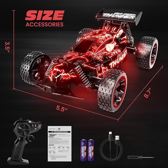 Tecnock RC Cars for Kids 1:18 Scale 2WD RC Car with LED Lights 2.4GHz Remote Control Car with USB-C Easy Charging & 50 Mins Playtime Toys Gifts for Boys & Girls Ages 8-12
