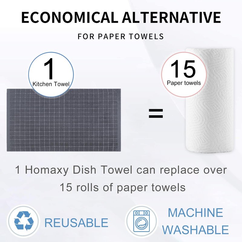 Homaxy 100% Cotton Terry Kitchen Towels(Dark Grey, 20 x 28 inches), Checkered Designed, Soft and Super Absorbent Dish Towels, Large 4 Pack