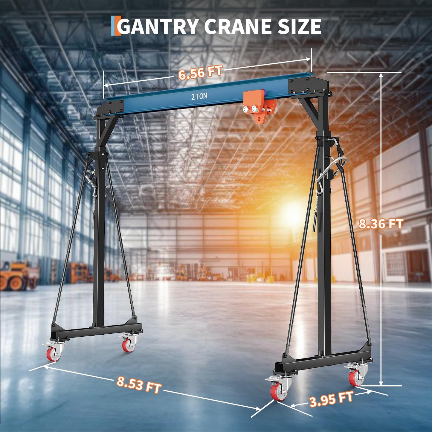 2 Ton Gantry Crane, 4400 LBS Adjustable Gantry Crane with 8-12 ft Height, Shop Lift Hoist with Manual Trolley, Hook & Shackles for Warehouse, Factory
