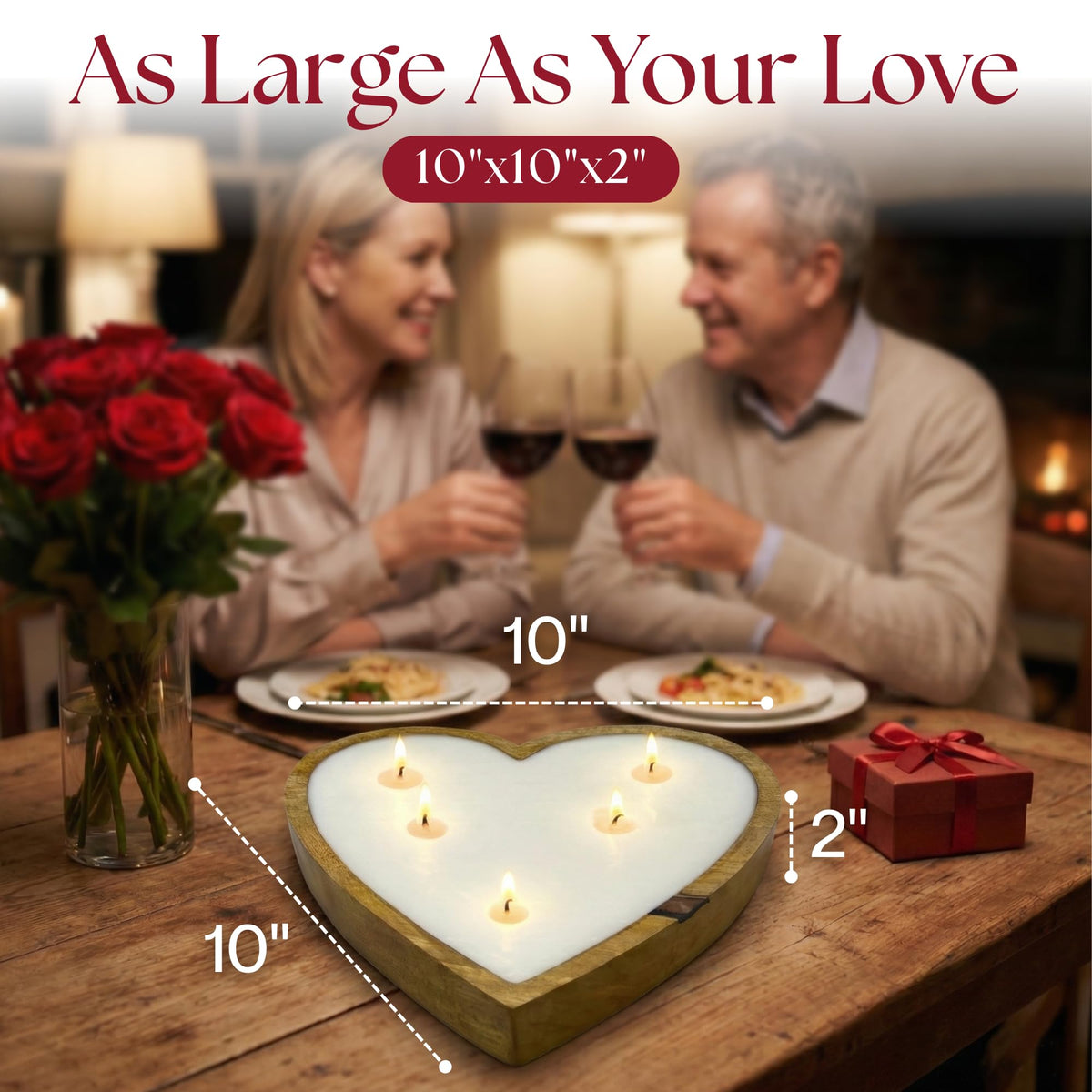 Dough Bowl Candle Co. Rose Candle - 10x10x2 Large Heart Shaped Scented Soy Candles for Women, Valentines Day Decor Gifts for Home, 5 Wick White Decorative Natural Aromatherapy, 30 Hour Burn Time