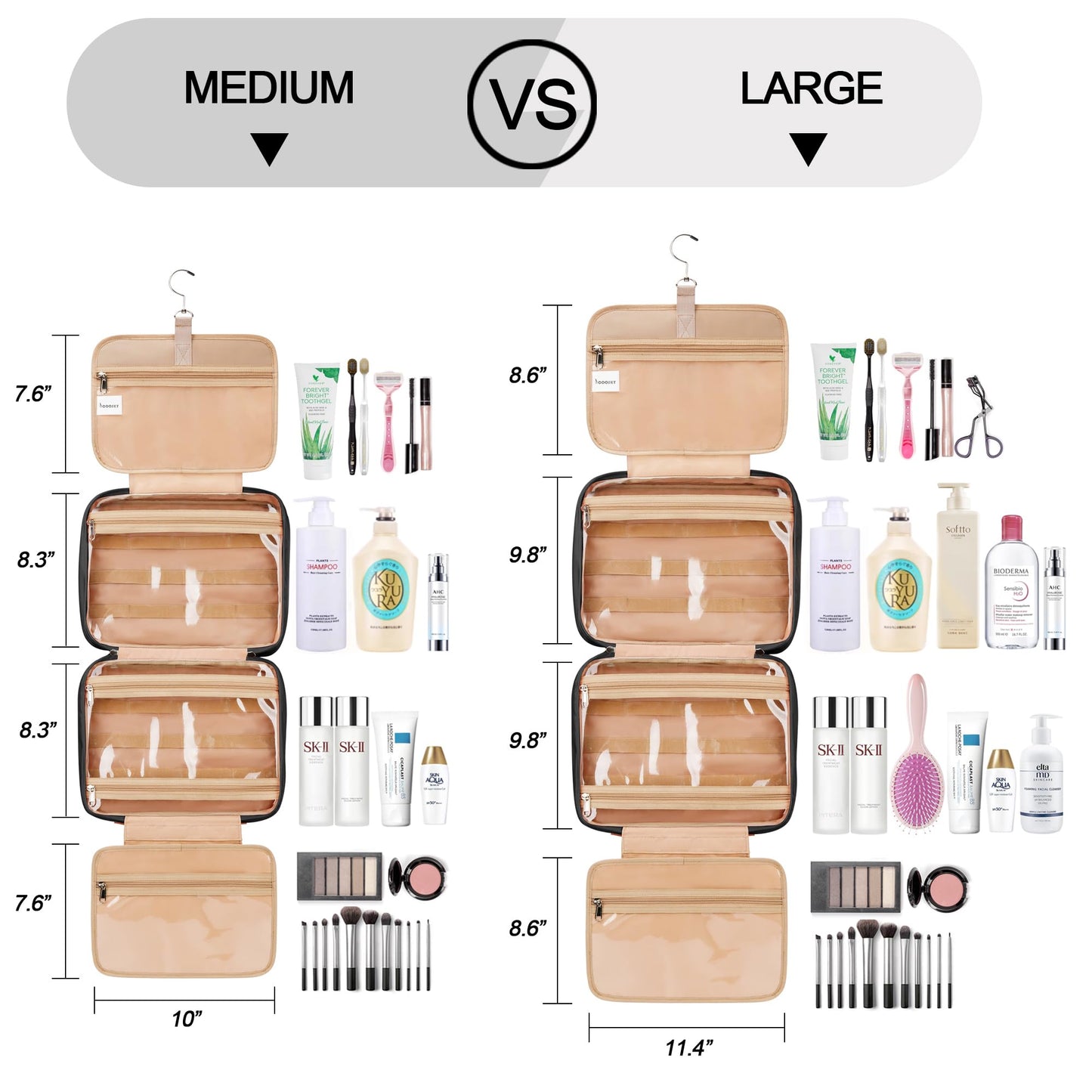 COOSKY Travel Hanging Toiletry Bag for Women, with Jewelry Organizer Compartment, Medium Waterproof Hanging Makeup Accessories, Cosmetic Essentials, Toiletries Dopp Kit Set with Trolley Belt, Black