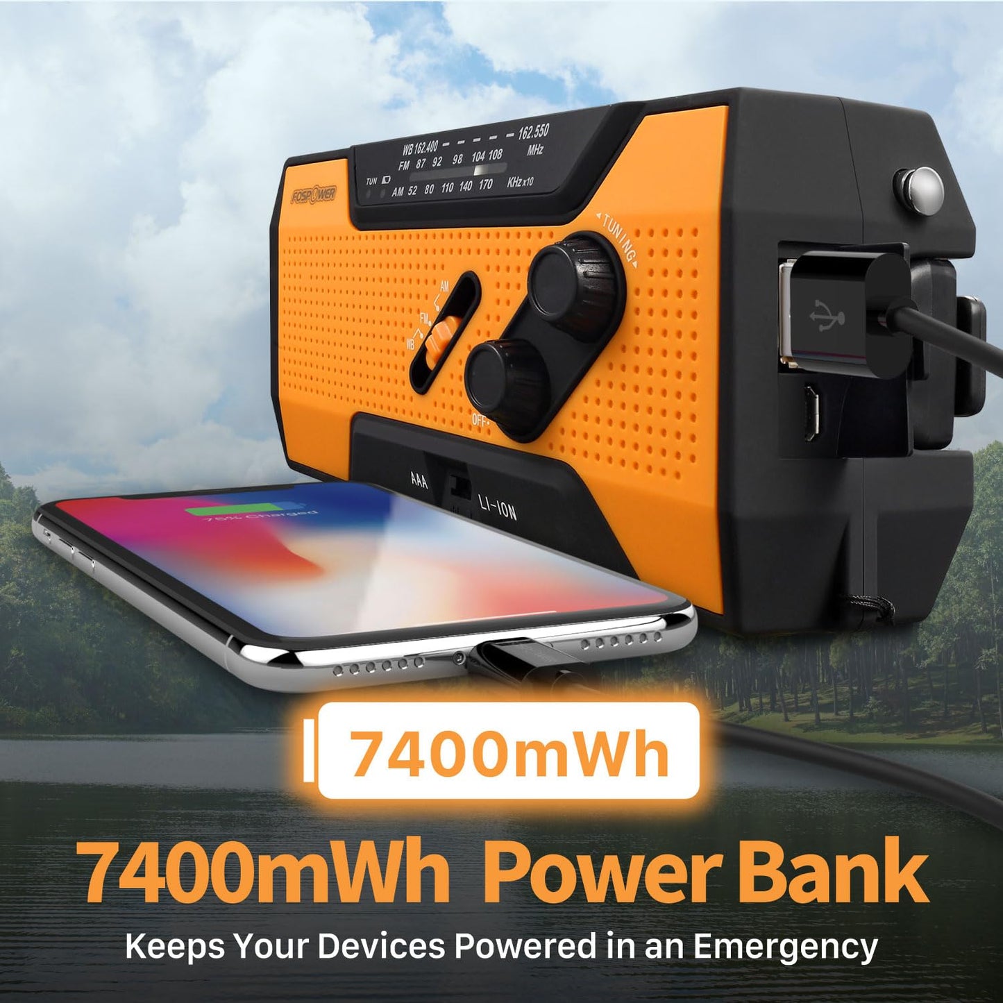 FosPower Emergency Weather Radio (Model A1) NOAA/AM/FM with 7400mWh Portable Power Bank, USB/Solar/Hand Crank Charging, Battery Operated, SOS Alarm & Flashlight for Indoor/Outdoor Emergencies