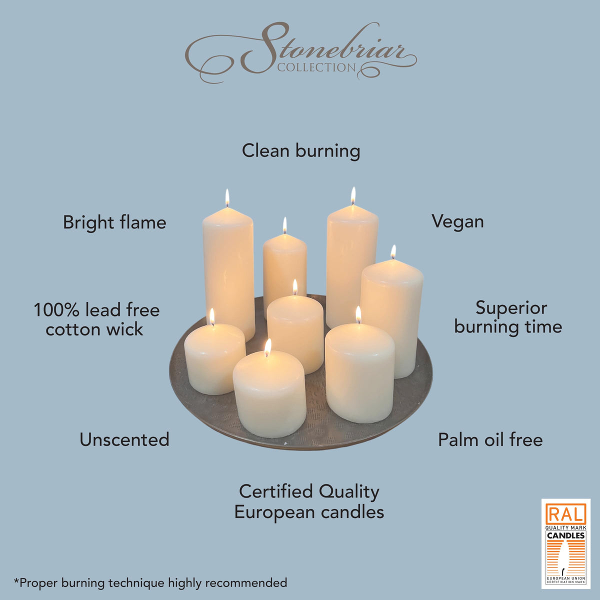 Stonebriar Unscented Pillar Candles – 18 Hour Burn Time, Long-Lasting Wax Candles for Weddings, Holidays, Home Décor & Special Events, Pack of 3, Ivory, 3" x 3"