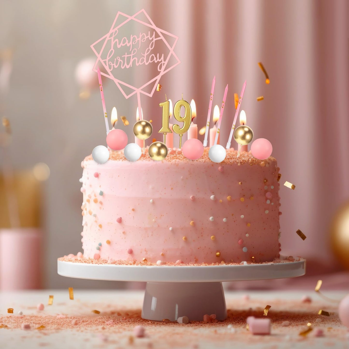 Yerliker 34 Pcs Happy Birthday Cake Toppers Decorations Birthday Candles DIY Cake Decor for Men Women Wedding Anniversary(Pink)