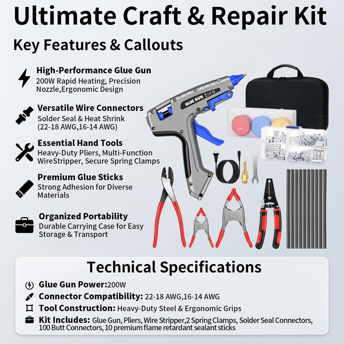 Professional Wire Splice Sealing Kit, Waterproof Wire Connector System with 200W Glue Gun, Sealant Sticks, Wire Stripper and Crimper Tools for Automotive, Marine, Trailer, ATV/UTV Wiring Repair